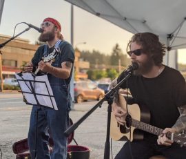 Lenny and Pete on the patio at Fraser Mills Brewery - Summer 2021